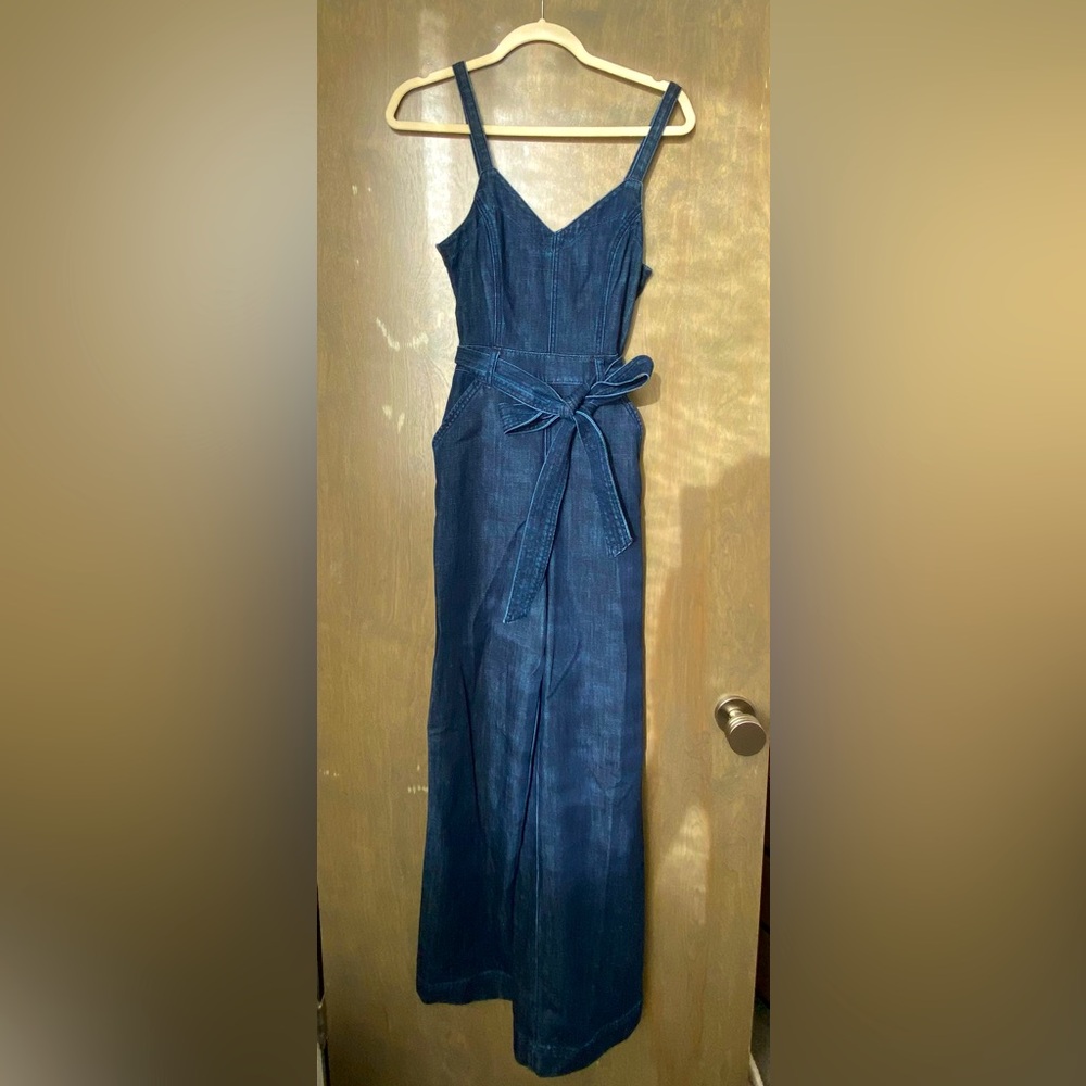 Jean jumpsuit with cute bow tie belt!